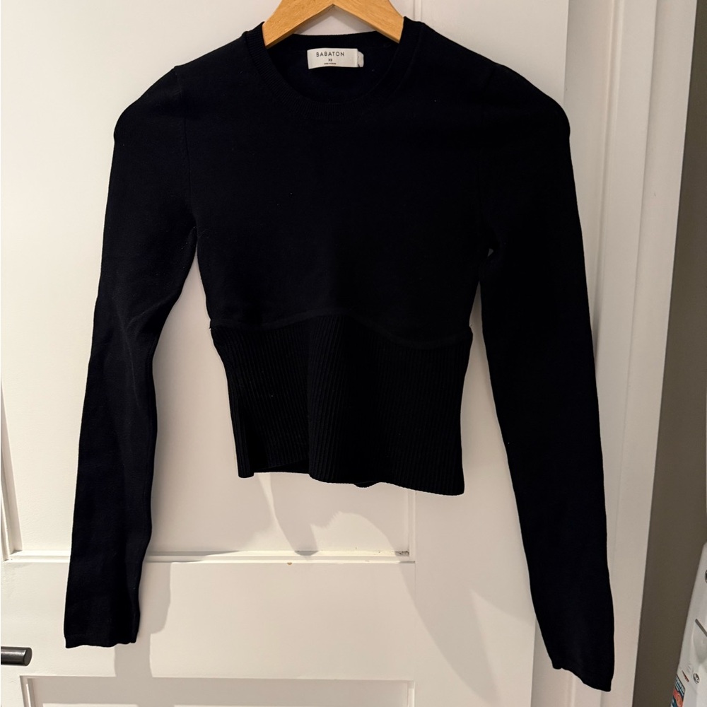 Babaton Black Long Sleeve Ribbed Waist Knit Top